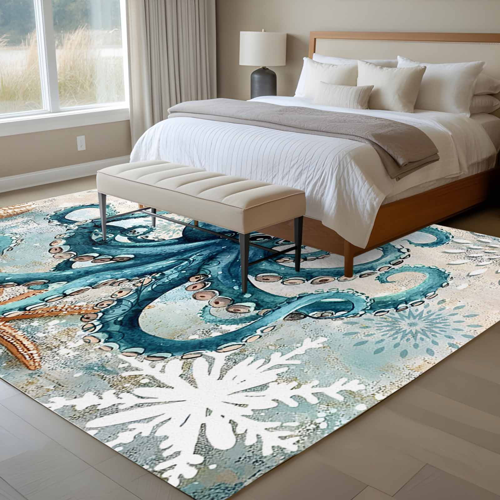 Teal Octopus Coastal Area Rugs 8x10 for Living Room, Summer Beach Vintage Nautical Non Slip Washable Rug Runner, Low Pile Indoor Floor Carpet Mat Bathroom Rugs for Bedroom, Kids Room