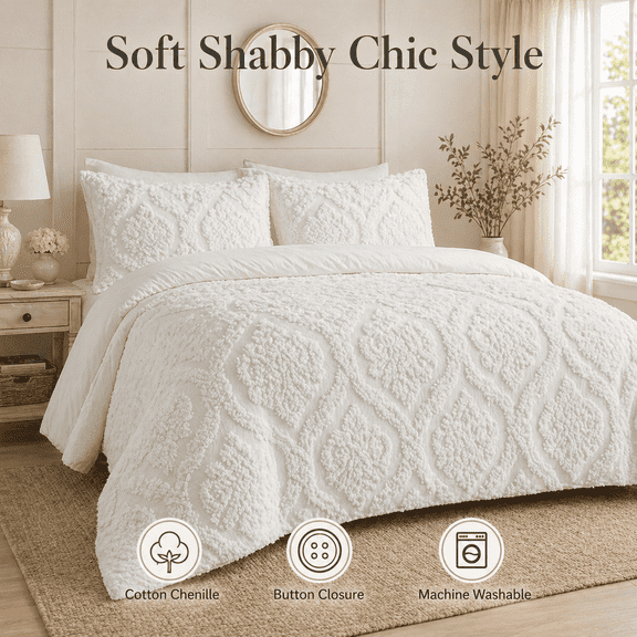 Noaman King/Cal King 3 Piece Tufted Cotton Chenille Damask Duvet Cover Set Off White, 100% Cotton, Shabby Chic Bedding