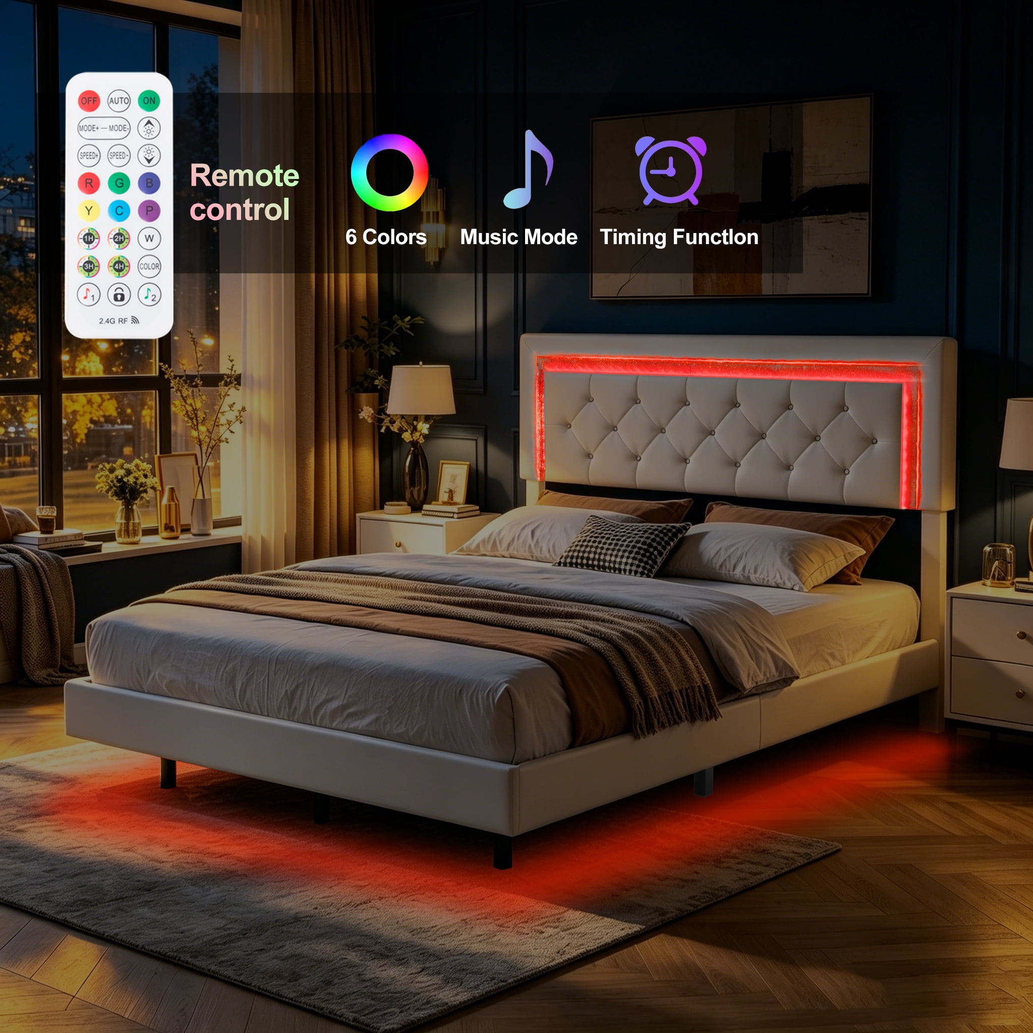 Gewnee Queen Size PU Upholstered Platform Bed Frame,Adjustable Headboard with Wireless Remote to Customize Color and Brightness,Wood Slat Support,No Box Spring Required for Bedroom,White