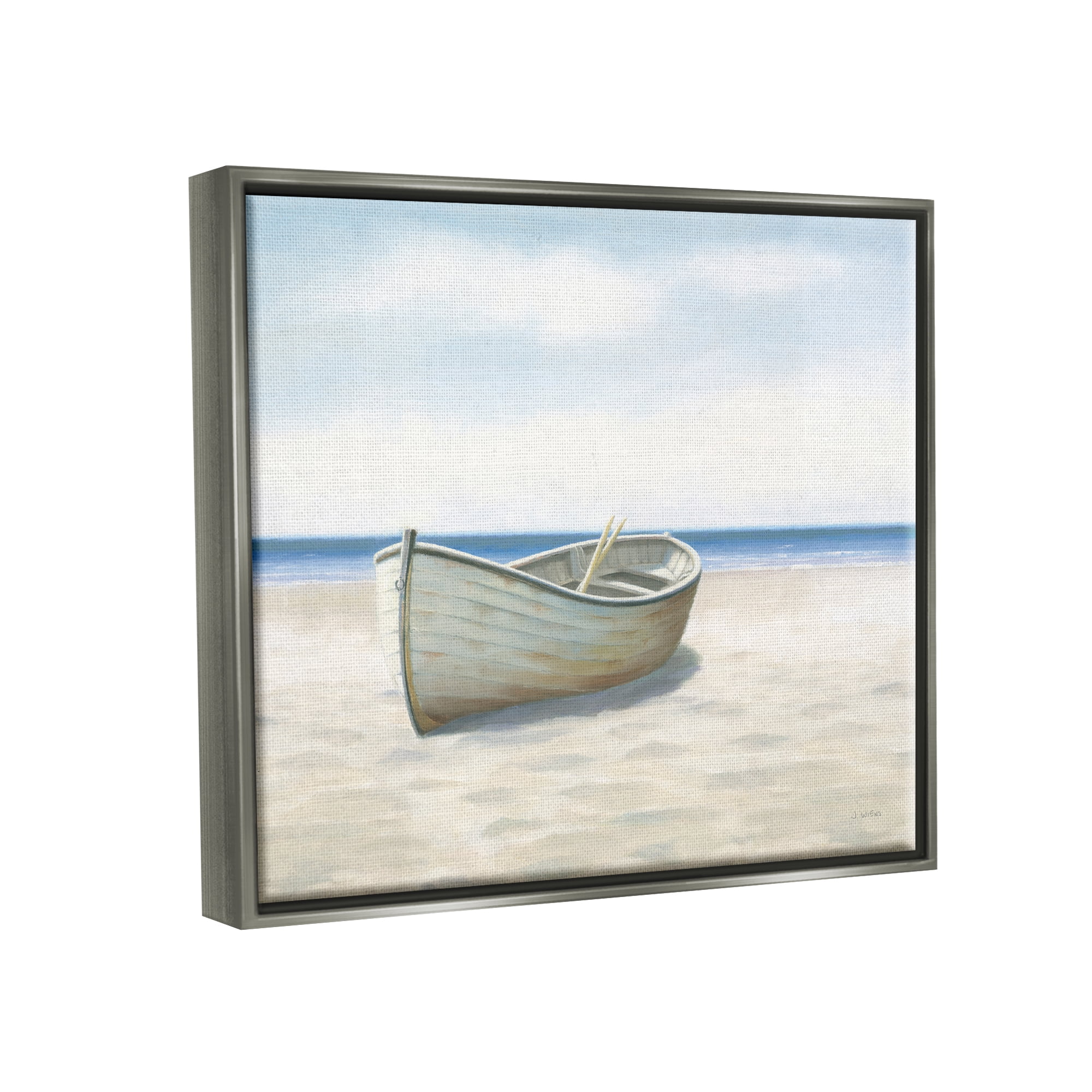 Stupell Industries Boat on Coast Painting Nature Painting Gray Floater Framed Art Print Wall Art, 21 x 17