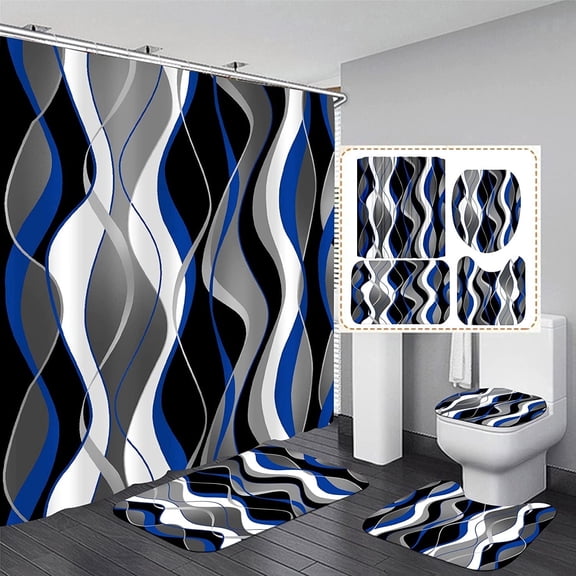 4 Pcs Blue Shower Curtain Black Bathroom Sets with and Rugs Grey Modern Striped Set White Decor Toilet Lid Cover Hooks
