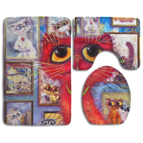 GOHAO Cat Gallery 3 Piece Bathroom Rugs Set Bath Rug Contour Mat and Toilet Lid Cover