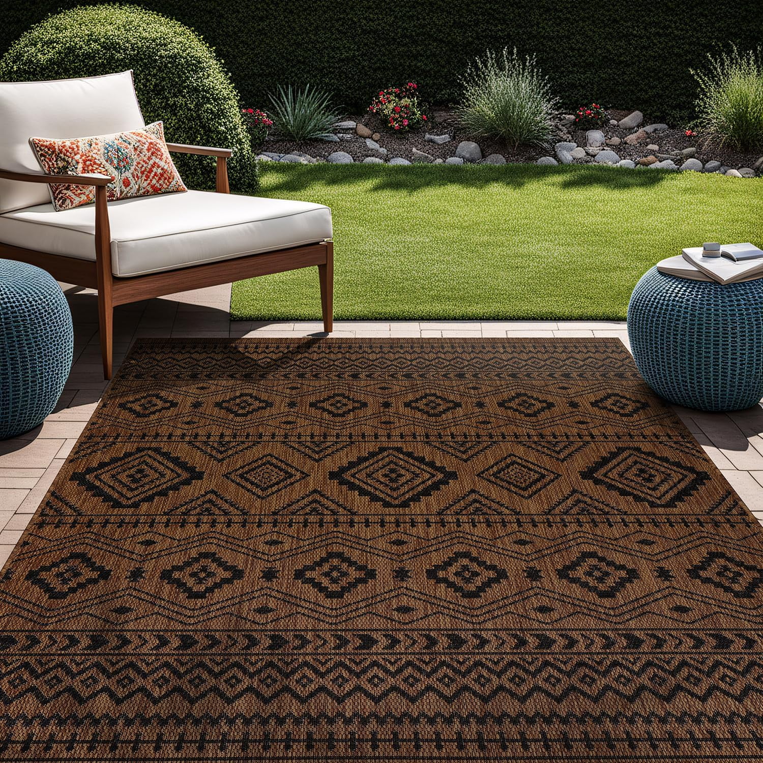 Beverly Rug Outdoor Area Rugs, Waterproof Patio Porch Garden Carpet, Nut Brown and Black, 10'x14'