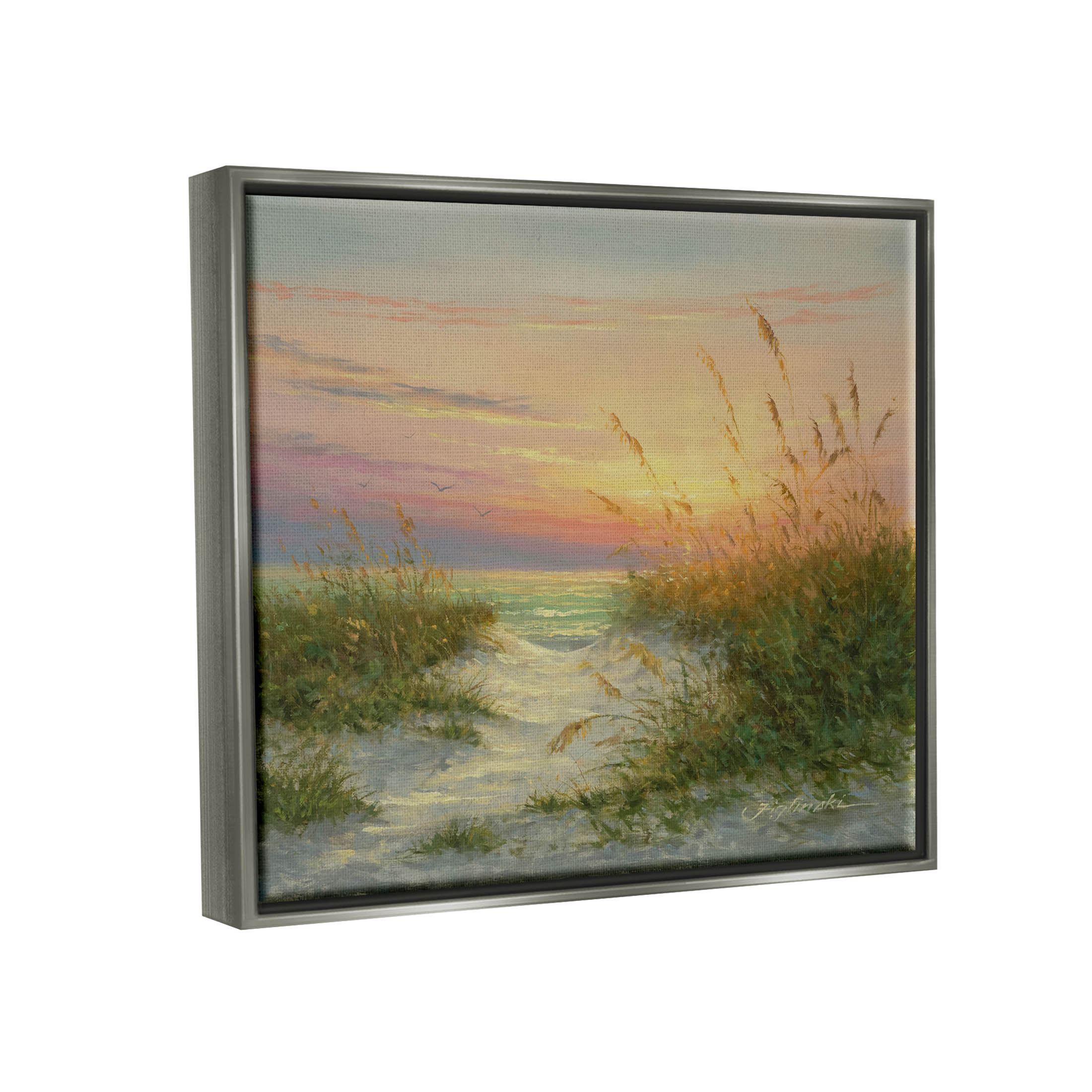 Sunset Beach Path Reeds Coastal Painting Luster Gray Framed Art Print Wall Art