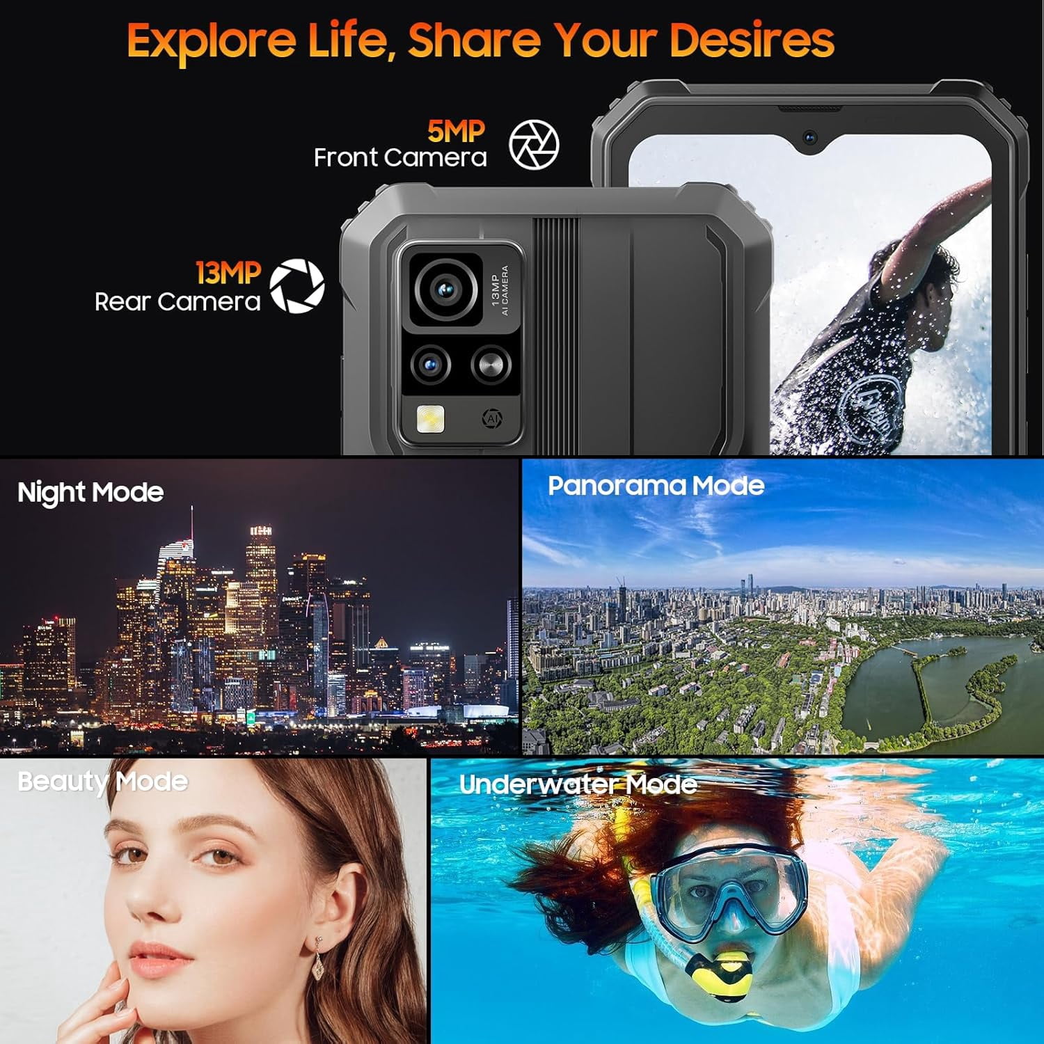 Blackview Rugged Phone BV4800, Android 4GB+32GB/SD 2TB Rugged Smartphone, 6.56" Incell Screen 5180mAh Rugged Phone, 4G T-Mobile Dual SIM Rugged Smartphone Unlocked, IP69K, 3 Card Slots/Face ID-Black