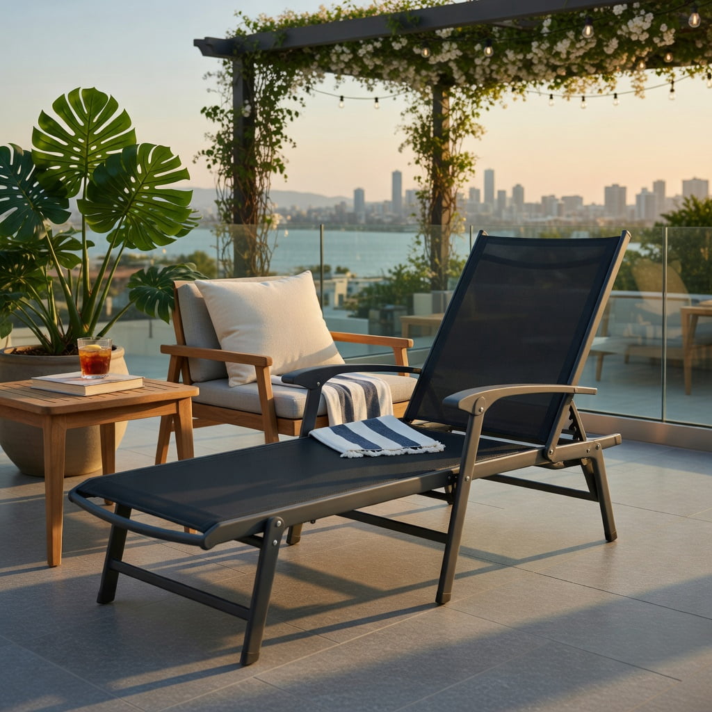 Hommoo Foldable Outdoor Chaise Lounge Chair with Adjustable Backrest & Footrest, Steel Frame, Breathable Fabric, Perfect for Patio, Poolside & Garden, Black