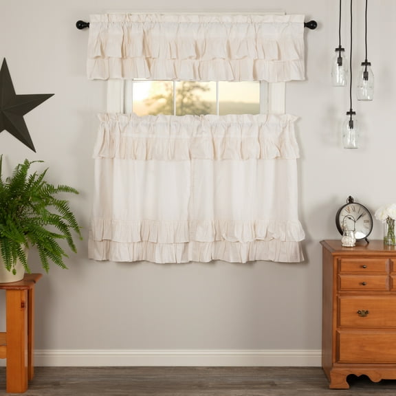 VHC Brands Simple Life Flax Antique White 3 PC Ruffled Curtain Set (1 Valance 16x72 and 2 Tier 36x36)