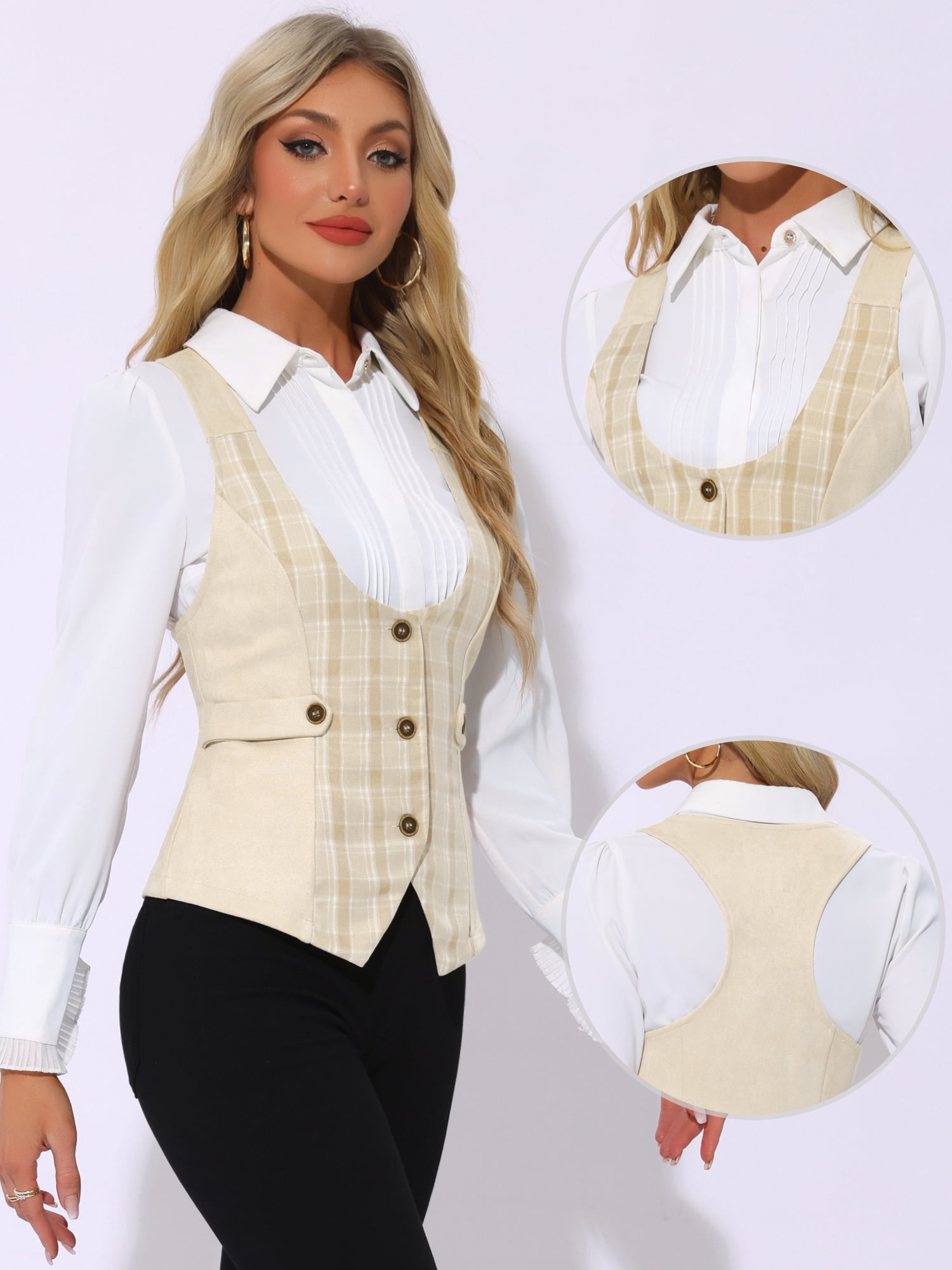 DARING DIVA Women's Plaid Button Down Sleeveless Waistcoat Vest L Khaki