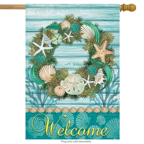 Coastal Wreath Summer House Flag Welcome Nautical Seashells 28" x 40"