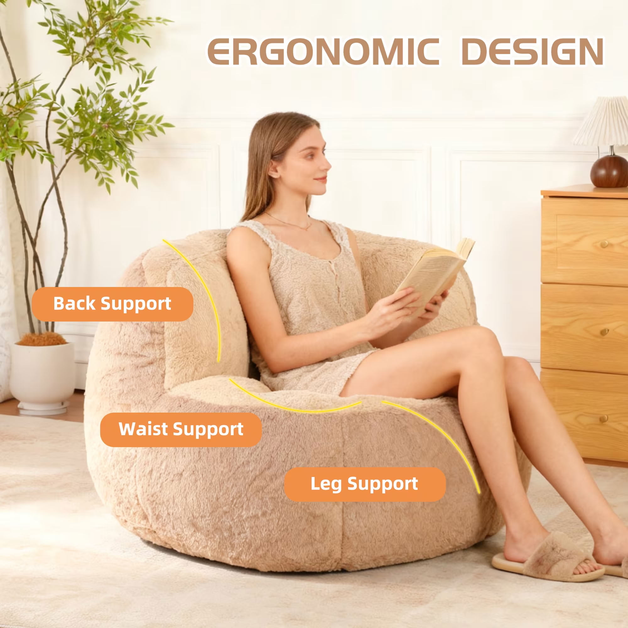 MAYEERTY Oversized Bean Bag Chair, Faux Rabbit Fur Lounge Sofa for Living Room Bedroom Dorm, No Assembly Required