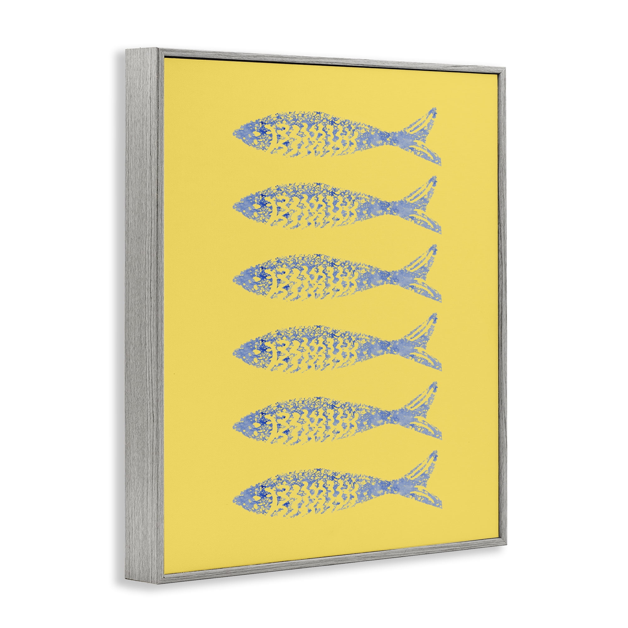 Stupell Industries Sardine Stamps on Yellow Gray Framed Giclee Art, design by Julie DeRice