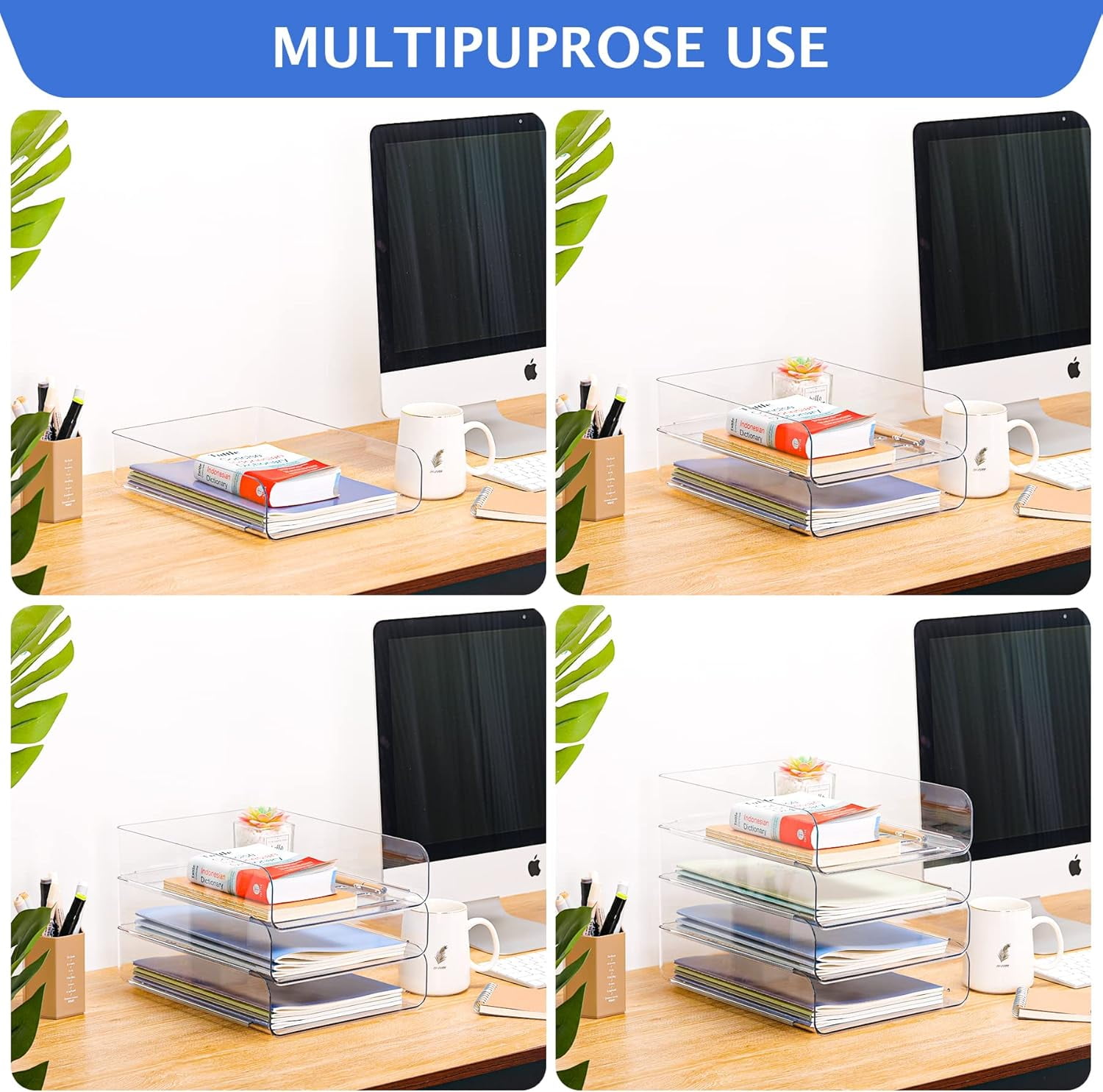 Modular Stackable Desk Organizer, Set of 4 Clear PET Letter Trays for Paper, Documents, Pens & Office Supplies - Space Saving Office Storage
