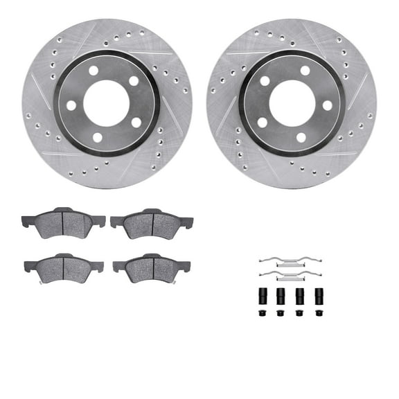 Dynamic Friction Company Front Brake Rotors-Drilled and Slotted-Silver with 5000 Advanced Brake Pads includes Hardware 7512-40412