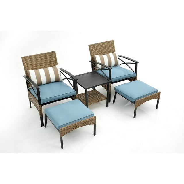 Patio Conversation Set, 5 Piece Outdoor Patio Furniture Sets with 2 Cushioned Chairs, 2 Ottoman, Glass Table, PE Wicker Rattan Outdoor Lounge Chair Chat Bistro Set for Backyard, Porch, Garden, LLL337