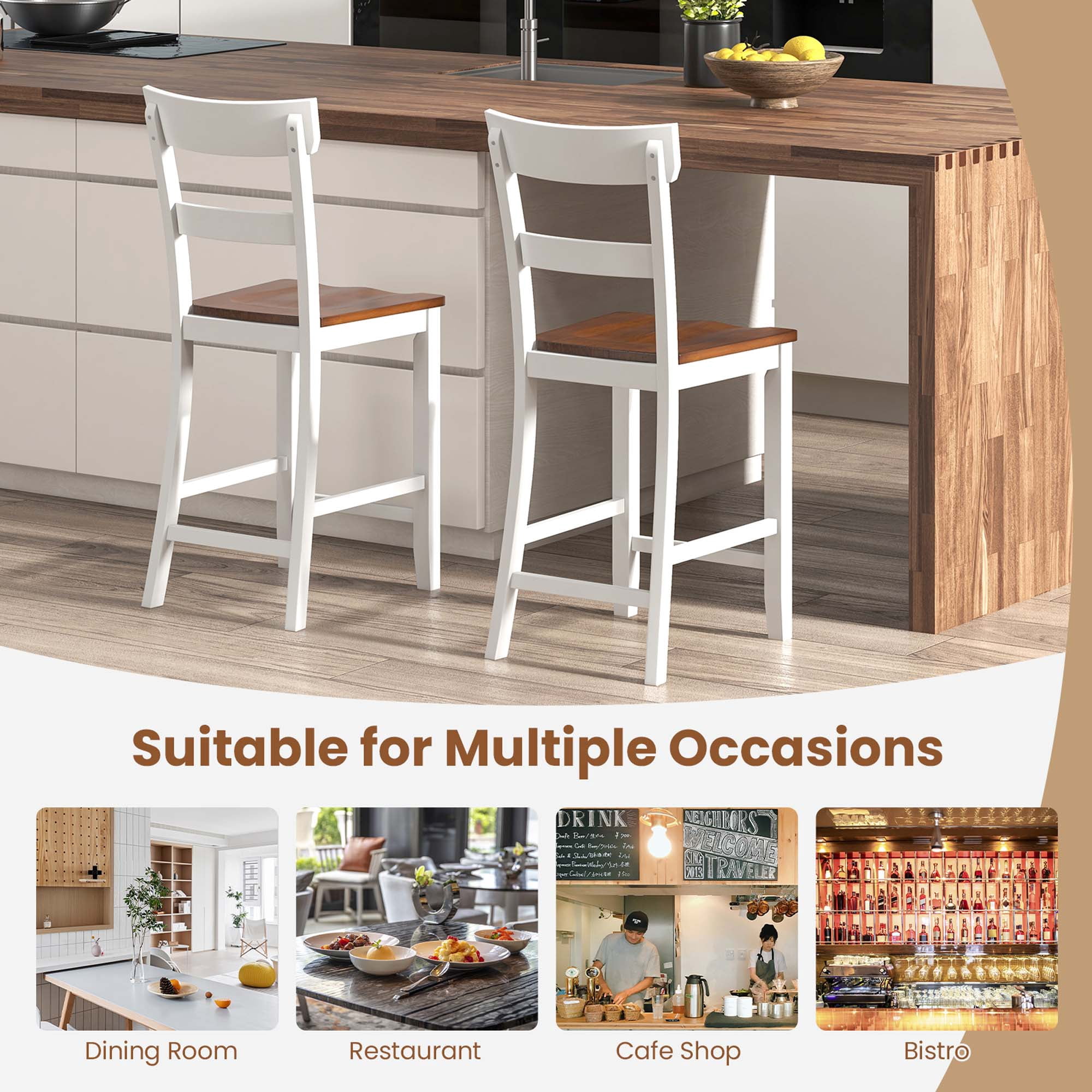 Costway Wooden Bar Stool Set of 4 Bar Chairs with LVL Rubber Wood Frame, Backrest, Footrest White