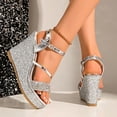 thumbnail image 3 of Rokment Women's Sparkly Metallic Sequin Platform Wedge Dressy Sandals Bridal Delicate Elegant Bling Ankle Strap Chunky Dress High Heels Summer Shoes for Wedding Banquet Silver Size 6, 3 of 6