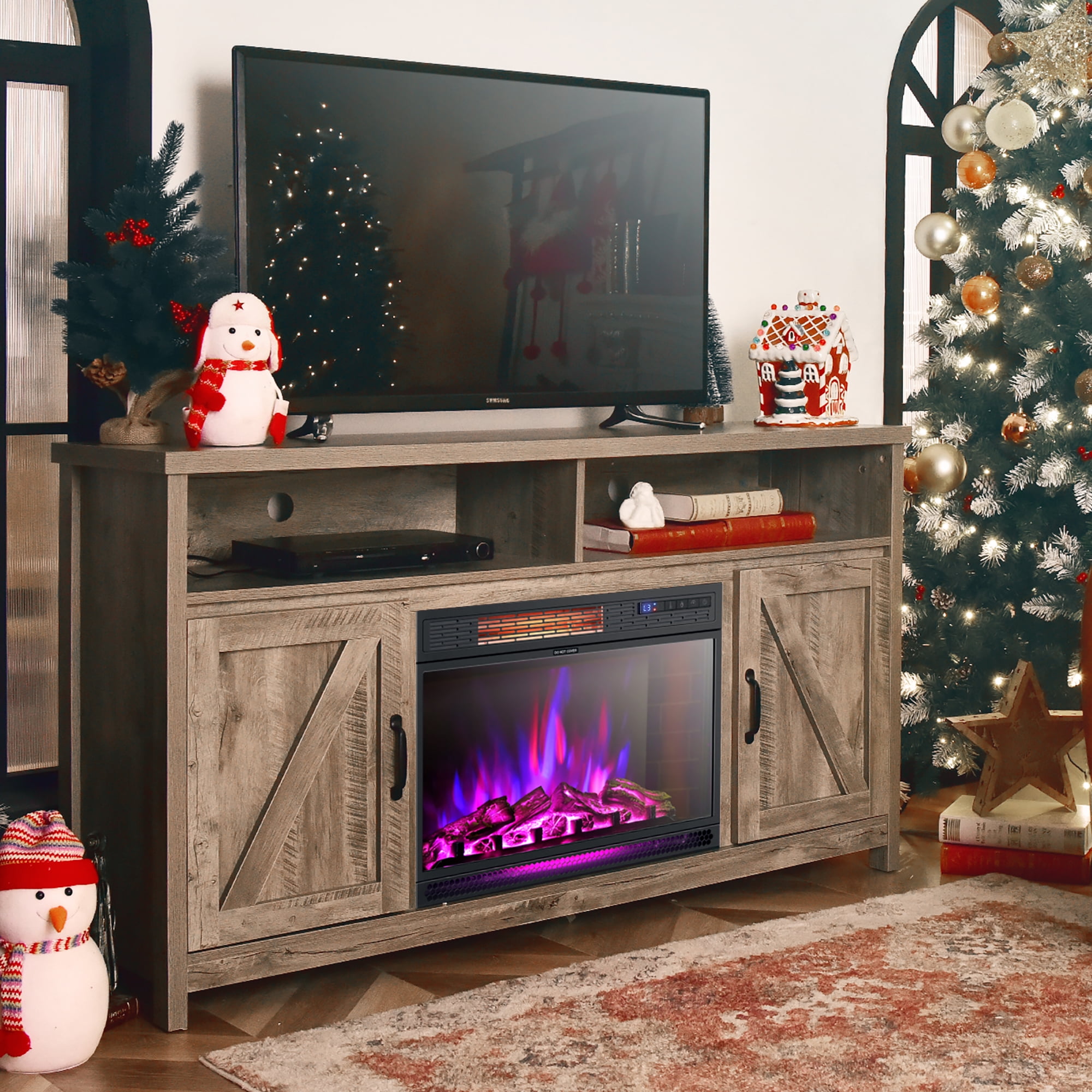 Costway 25''Electric Fireplace Freestanding & Recessed Heater Log Flame Remote 1350W