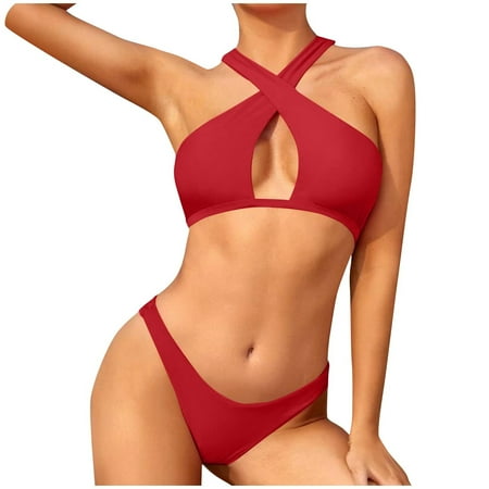 Lopeceal Women s High Waisted Bikini Sets Sexy Cutout Crossover Halter Neck Swimsuits Cheeky 2 Piece Bathing Suits