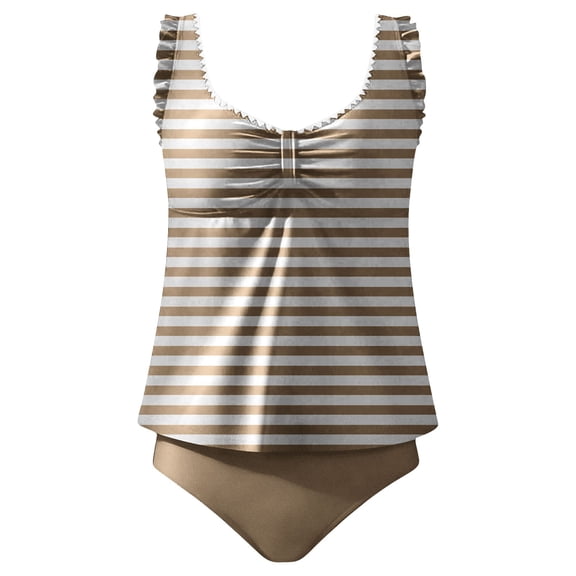Womens Tankini Bathing Suit Modest 2 Piece Swimsuit Ruffle V Neck Swim Tank Top with High Waisted Bottom (XL, Khaki)