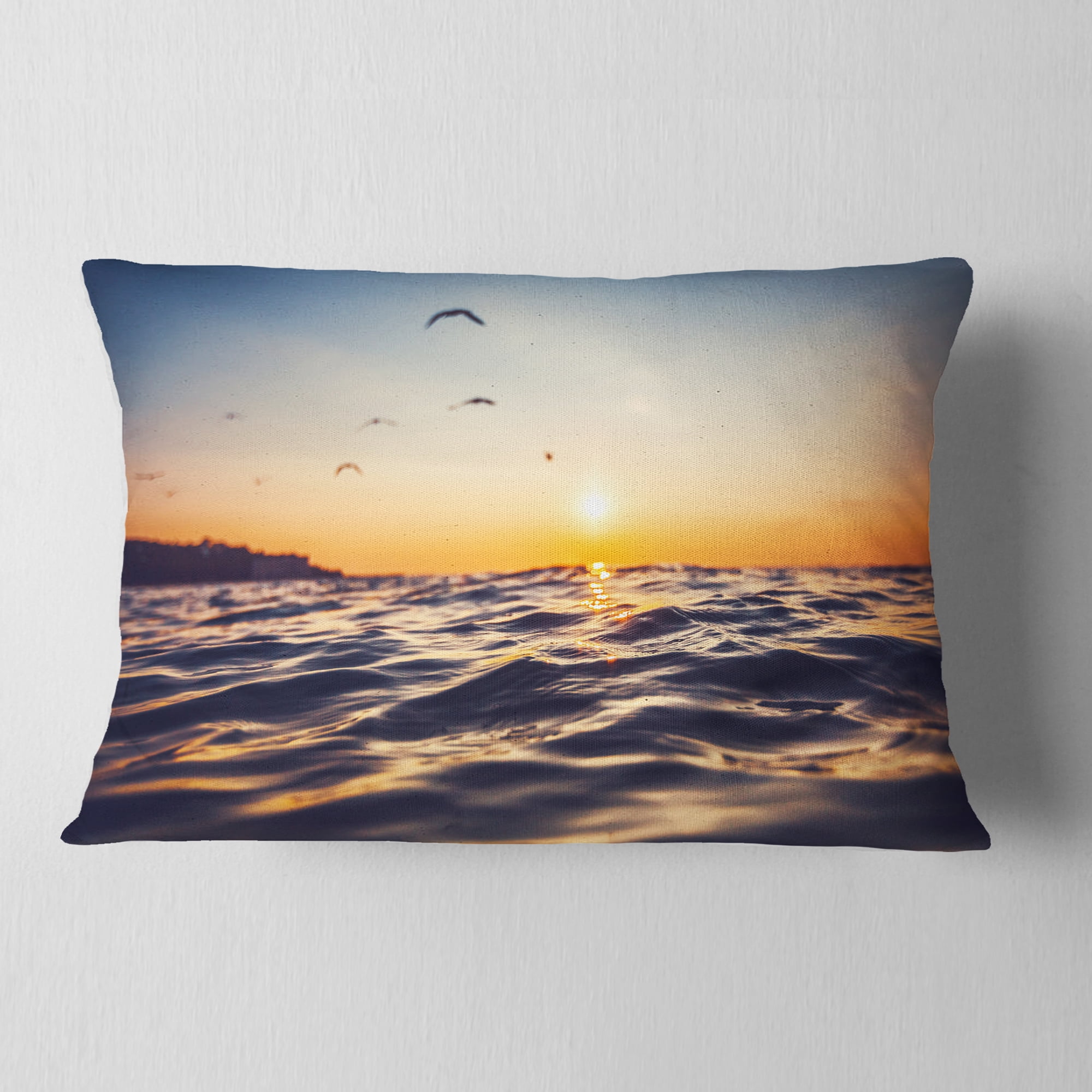 Designart Orange Tinged Sea Waters at Sunrise - Beach Photo Throw Pillow - 12x20