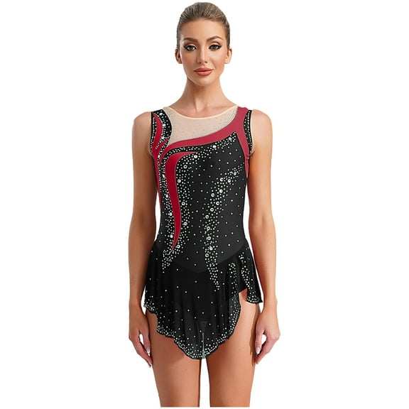 Doomiva Women's Rhinestone Gymnastics Leotard Athletic Figure Ice Skating Dress Black L