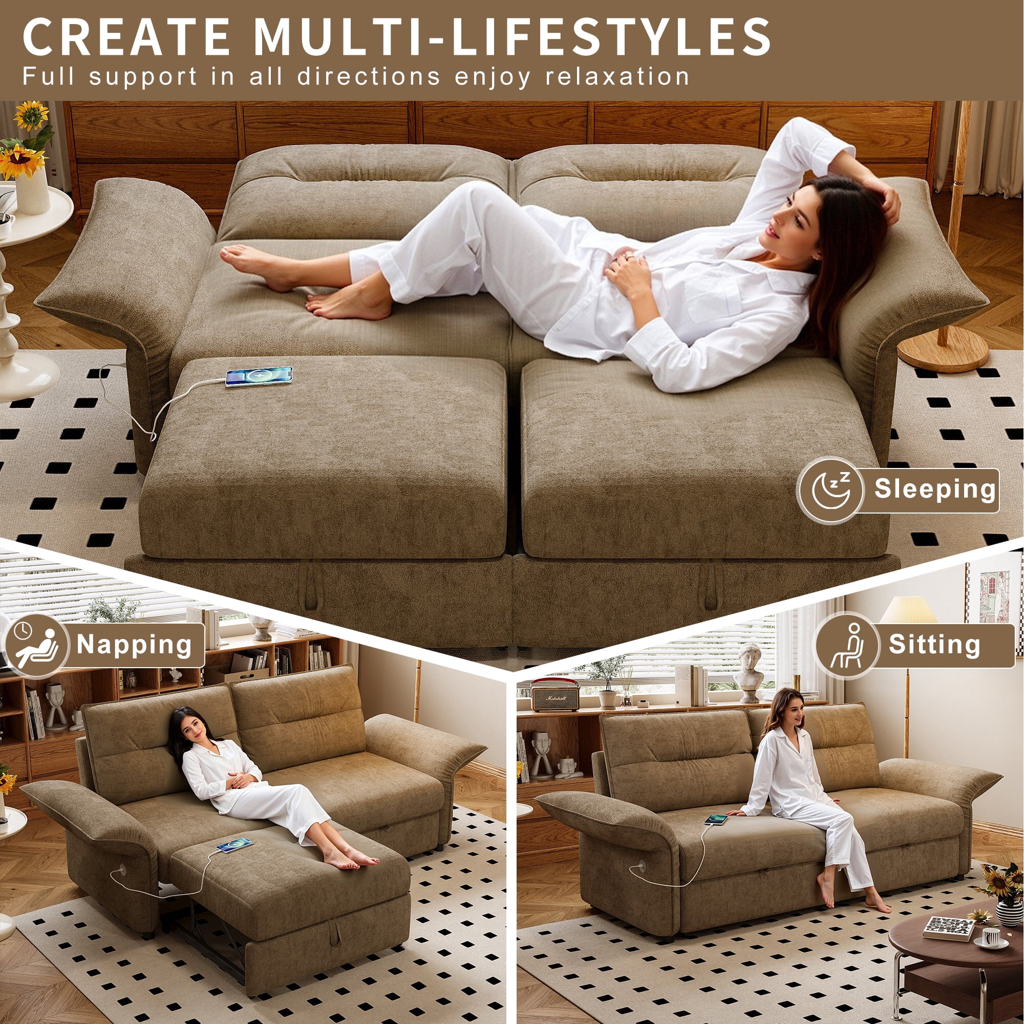 Leumius 85" Convertible Sofa Bed with Wood Frame,2-in-1 Upholstered Sleeper Sofa Bed with Pull Out Bed for Living Room,Apartment,600 lbs Capacity,Camel