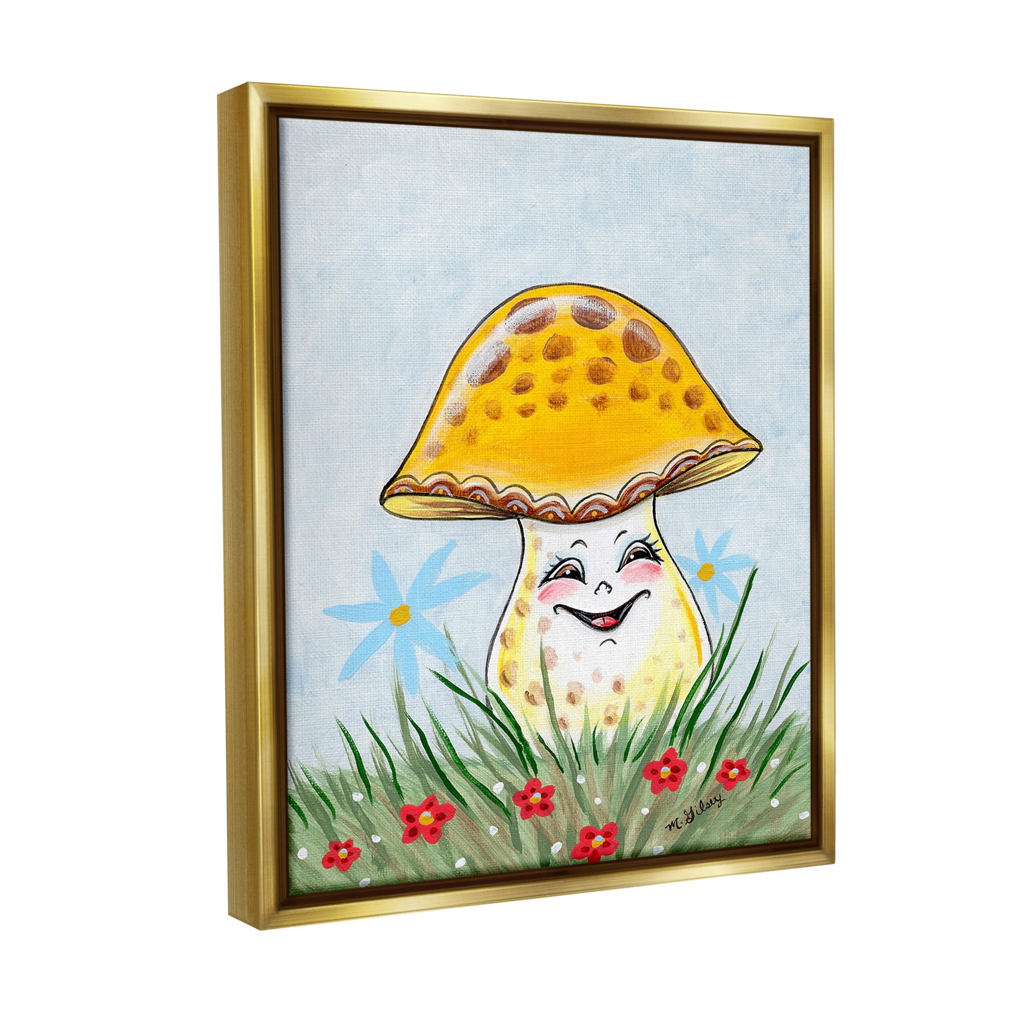 Stupell Industries Smiling Yellow Mushroom Botanical & Floral Painting Gold Floater Framed Canvas Art Print Wall Art, 25 x 31