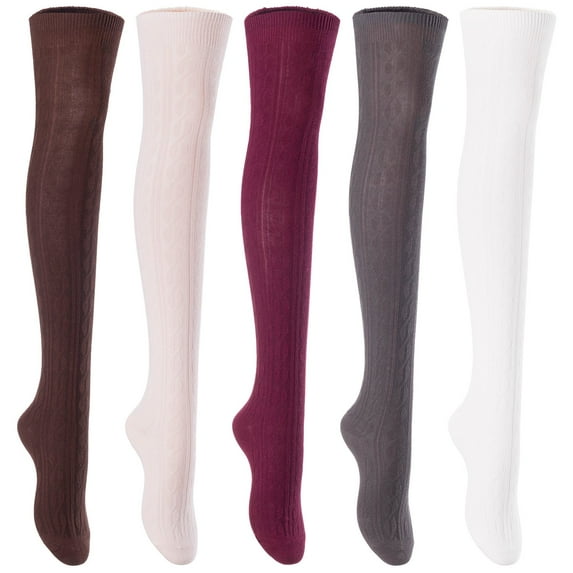 Lian Lifestyle Exquisite Big Girls Women 5 Pairs Thigh High Cotton Socks. Comfortable in Vibrant Colors Size 2.5-7 LBG1024(Coffee,Beige,Wine,DG,Cream)