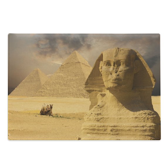 Egyptian Print Cutting Board, Sphinx Face Other Pyramids in Egypt Old Historical Monument, Decorative Tempered Glass Cutting and Serving Board, Large Size, Amber Sand Brown, by Ambesonne