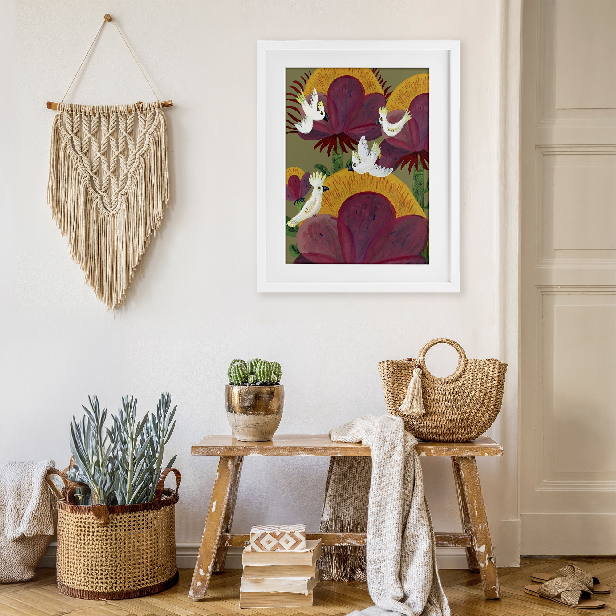 Stupell Industries Tropical Cockatoos & Plants White Framed Print Under Glass, design by Kay Widdowson