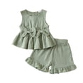 thumbnail image 3 of Outfits Sleeveless Bow Solid Vest T Shirt Tops Ruffles Shorts Girls Spring Clothes,Green,Size 3 -4 Years, 3 of 9