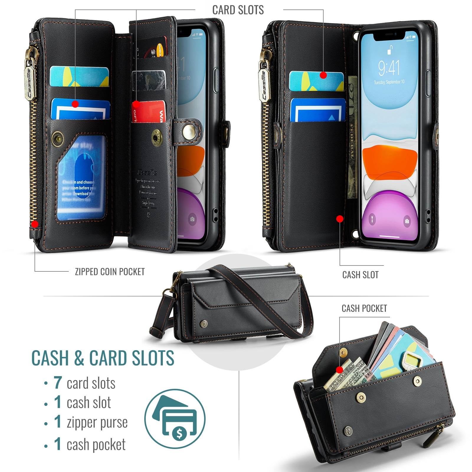 for iPhone 11 Full Body Protection Wallet Folio Flip Case, Shoulder Strap & Wristlet Card Slots Zipper Pocket RFID Blocking Rugged Durable PU Leather Phone Case Cover, Black