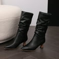 thumbnail image 6 of Women's Denim Slouchy Knee High Boots Winter Pointed Toe Kitten Heel Mid Calf Boots Fashion Leather Wide Calf Boots Gray Size 9, 6 of 7