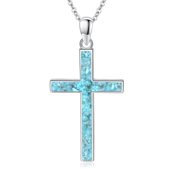 Coachuhhar Cross Necklace for Women 925 Sterling Silver Crushed Turquoise Pendant Necklace Christian Religious Jewelry Gifts for Men