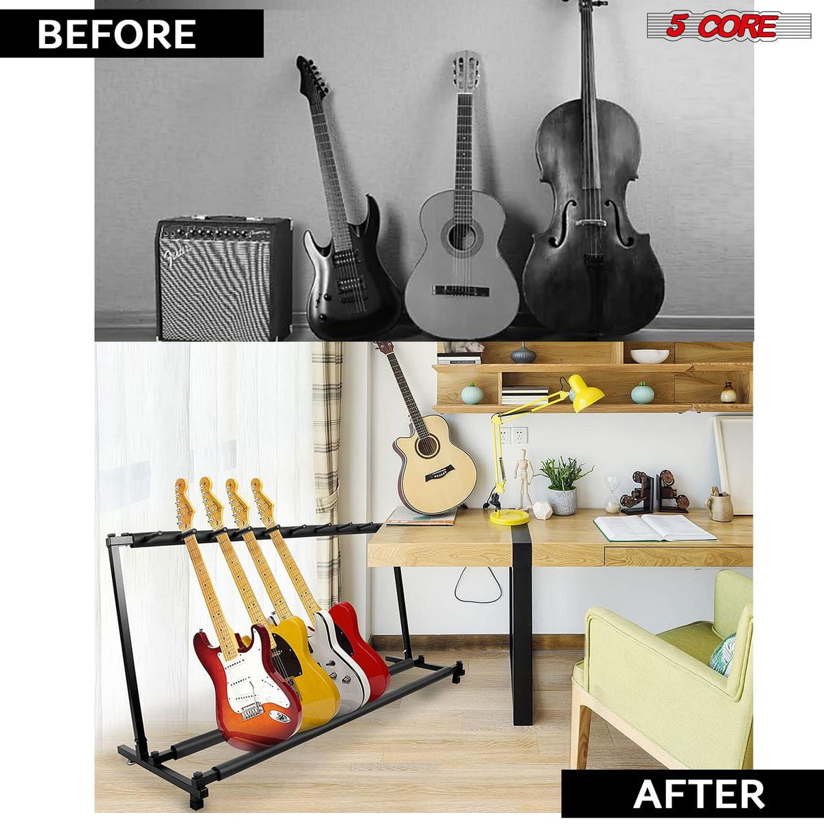 5 Core Guitar Rack 9 Slot Multi Guitar Stand Nine Display Floor Stand Safe Storage Foldable Portable for Electric Acoustic Flying V Guitars - GRack 9N1