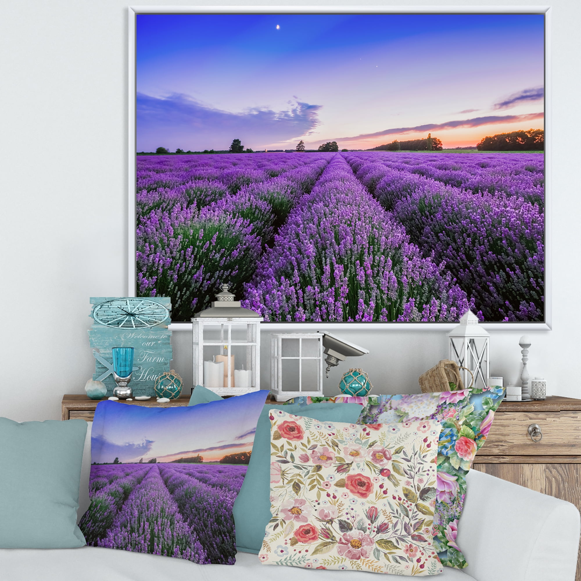 Designart 'Dramatic Clouds and Sunrise Over Lavender Field II' Farmhouse Framed Canvas Wall Art Print
