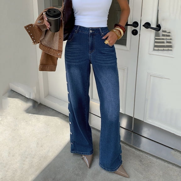 ClodeEU Women's Vintage High Waist Wide Leg Jeans,Side Button Detail Baggy Denim Trousers with Pockets Dark Blue,Women's Plus L