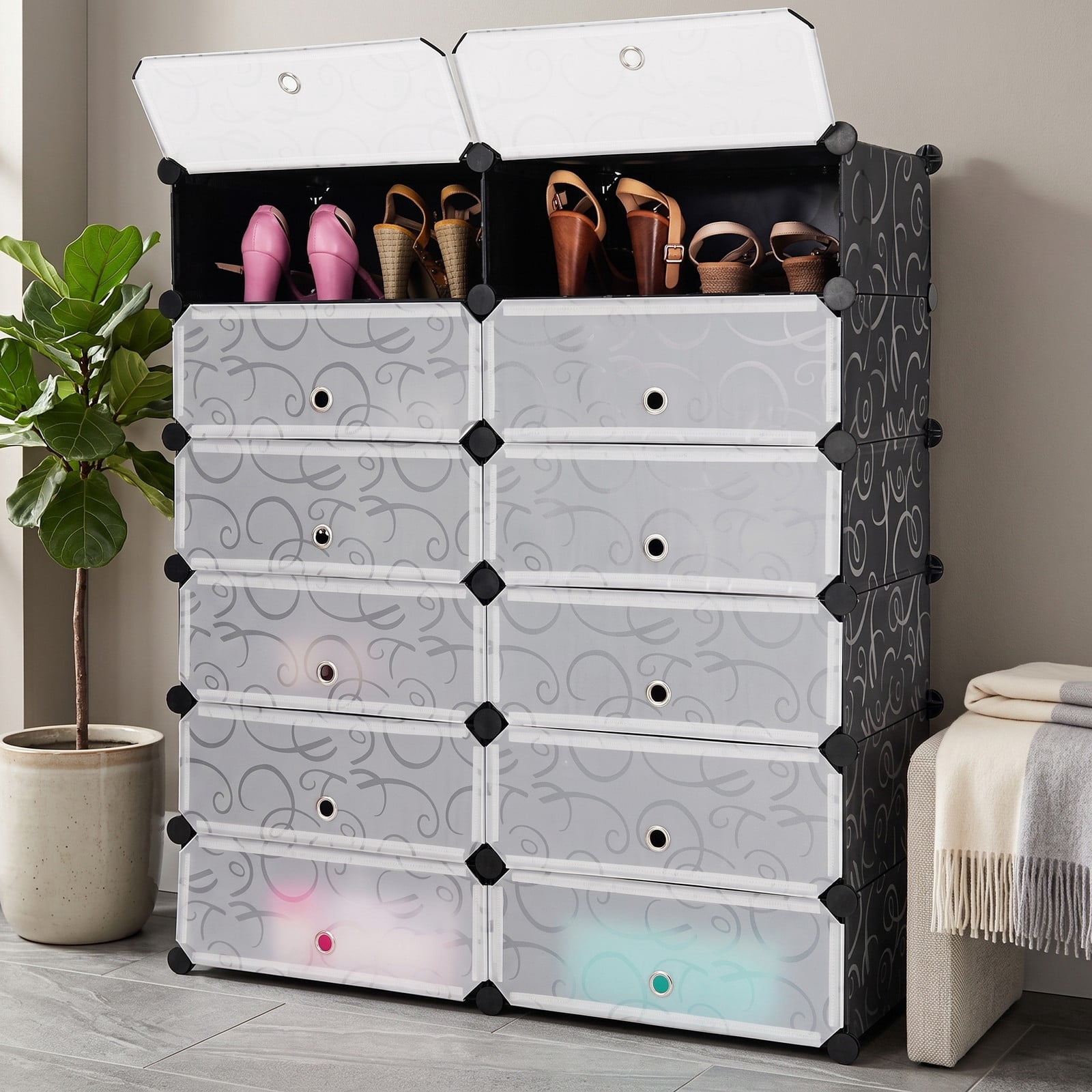 Furnibear 12-Cube DIY Shoe Rack Cabinet with Transparent Flip Doors and Ventilation Holes for Entryway Closet and Bedroom Storage, White
