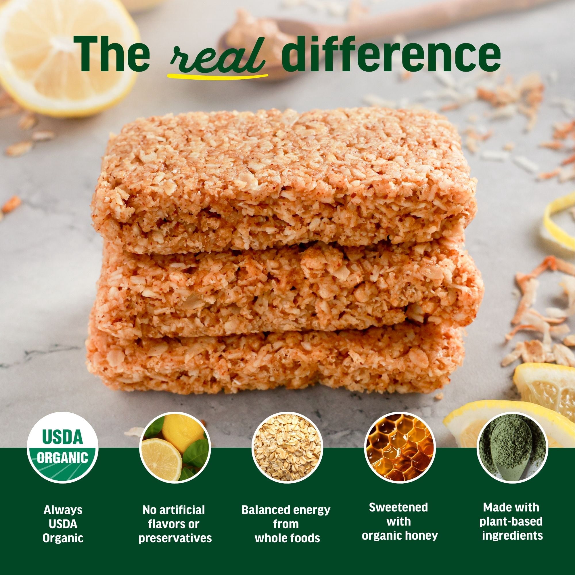 Kate’s Real Food Organic Granola Lemon Coconut All Natural Energy Bars - Non GMO, Soy Free, Whole Grain, and Made with Gluten Free Oats - 12 count