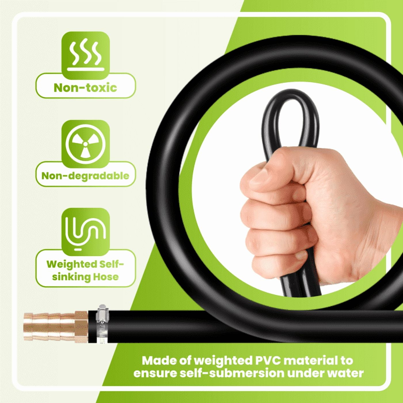 3/8 Inch Self-Sinking Aeration Hose, 656 Feet Long - With 4 Copper Connectors & 4 Stainless Steel Clamps, Used for Pond, Lake, Garden Aeration & Aquaculture Operations