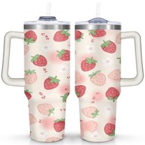 Strawberry 40 Oz Tumbler with Handle Lid and Straw, Stainless Steel Double Walled Vacuum Insulated Cup, Cute Anniversary Wedding Birthday Gifts Tumbler for Women Men Friends Outdoor Indoor