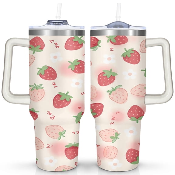 Strawberry 40 Oz Tumbler with Handle Lid and Straw, Stainless Steel Double Walled Vacuum Insulated Cup, Cute Anniversary Wedding Birthday Gifts Tumbler for Women Men Friends Outdoor Indoor