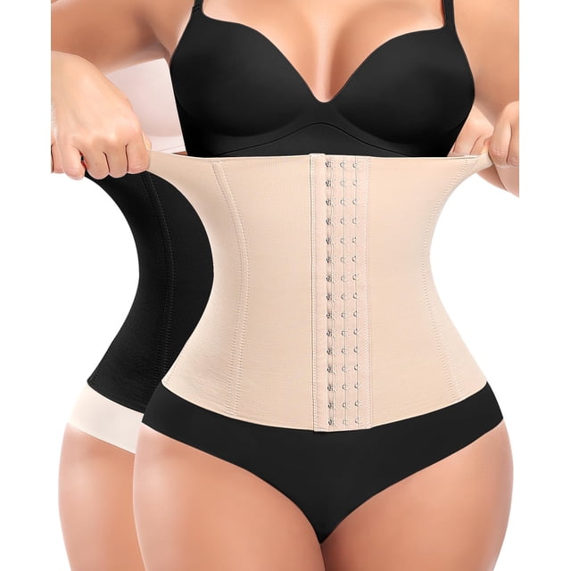moldeador corporal waist trainer, corsé, para controlar la barriga en beige, vista frontal con cierre ajustable de 3 filas de ganchos y panel liso; cintura alta con soporte estructural de 7 huesos y material elástico según especificaciones, segundo torso negro al fondo que indica color alterno; indicado para apoyo postparto y uso diario, y a menudo usado para soporte durante actividades cotidianas.