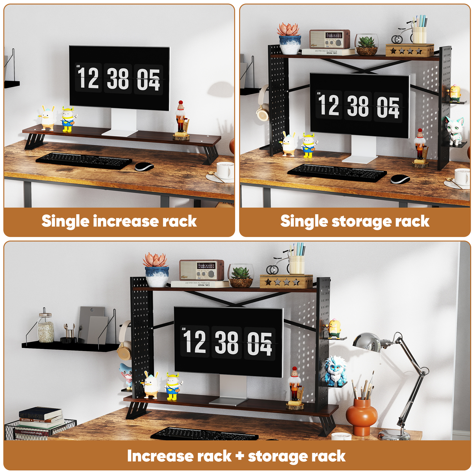 Gomok 2-Tier Desktop Bookshelf, Adjustable Desk Shelf Bookcase Storage Rack with Tray & Grid Panel, Black