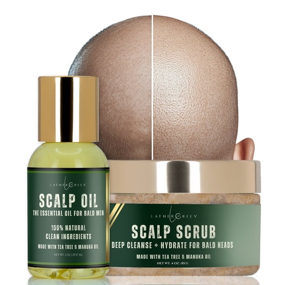 Scalp Care Scrub Set with Manuka Oil and Tea Tree, Deep Cleanse and Hydrate for Bald Heads, 1 oz Oil & Scrub 4 oz Combo for Bald Heads by LatherGreen