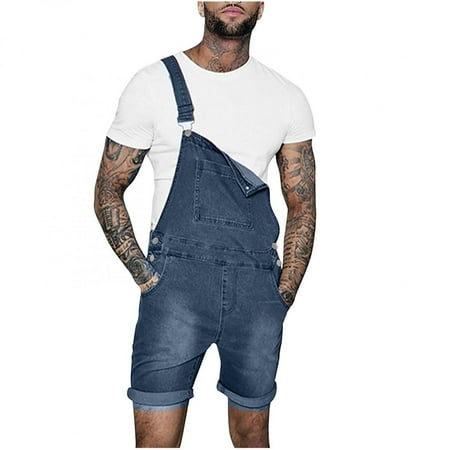 

Juebong Pink Men Denim Overalls Shorts Casual Classic Jeans Romper with Breast Pocket Loose Shorts Overalls Large Light blue