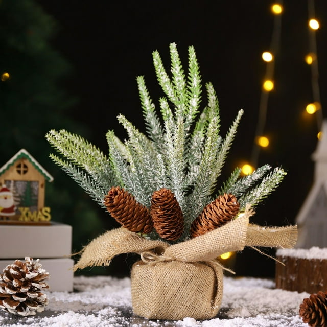 SouMaox Sapin de Noël Miniature de Bureau, Cônes de Baies Rouges Artificiels, Base en Jute Déco Vintage, Ornement de Table des Fêtes pour Ferme