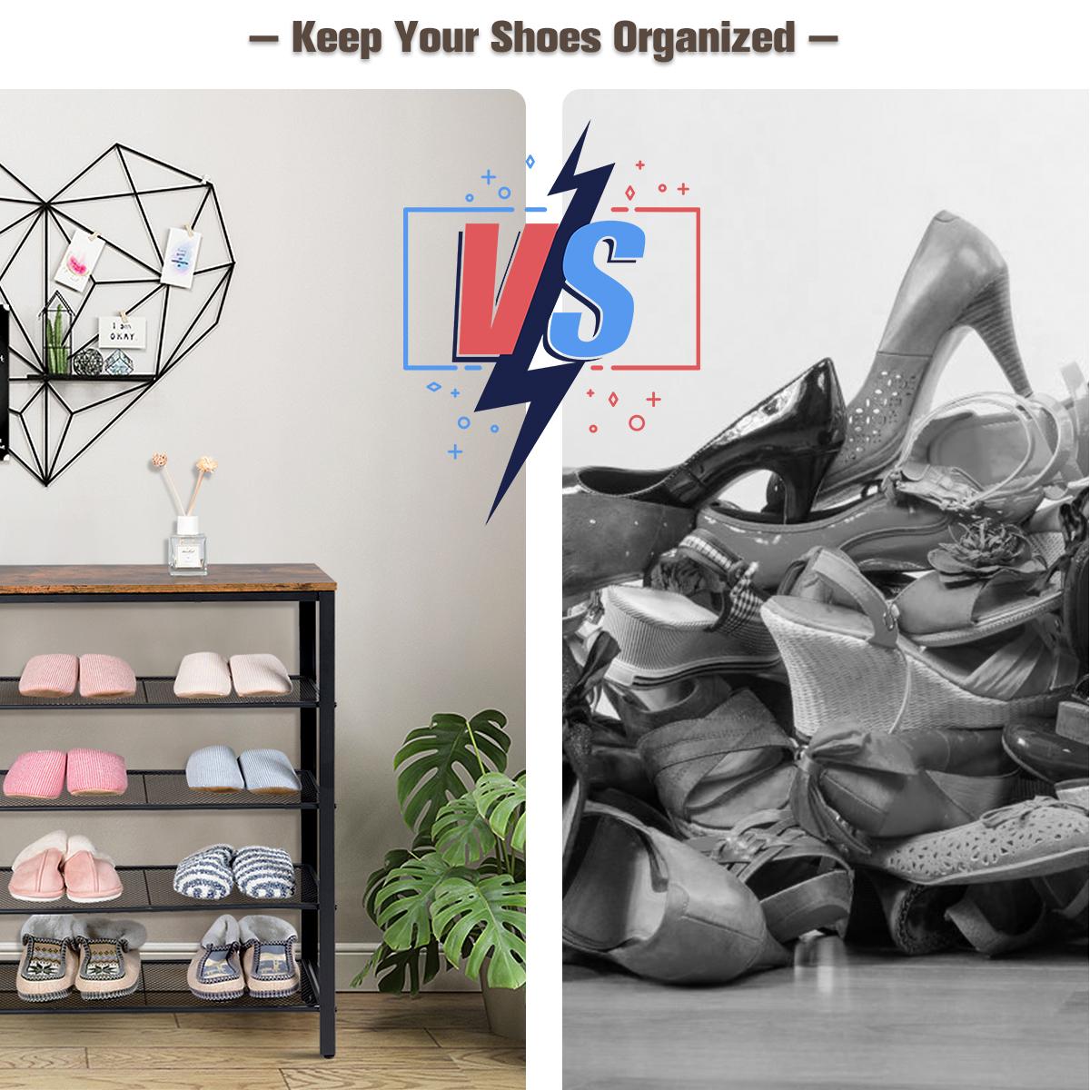 Giantex 5-Tier Shoe Rack, Industrial Metal Shoe Storage Organizer w/ 4 Metal Mesh Shelves for 16-20 Pairs, Multi-Functional Shoe Tower w/ Sturdy Frame for Entryway, Bedroom, Rustic brown
