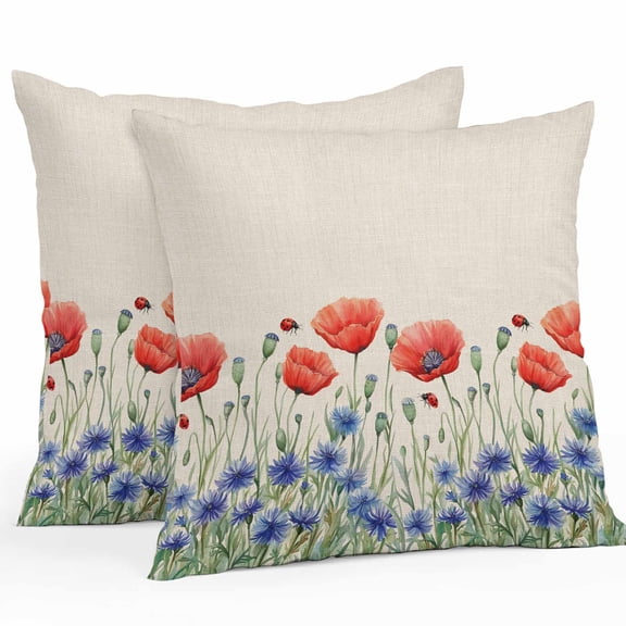 Waterproof Throw Pillow Covers Set of 2, 24x24 Inch 4th of July Floral Decorative Pillowcases Outdoor Pillow Slip Cushion Covers Set for Couch Tent Patriotic Poppy Flower Red Blue