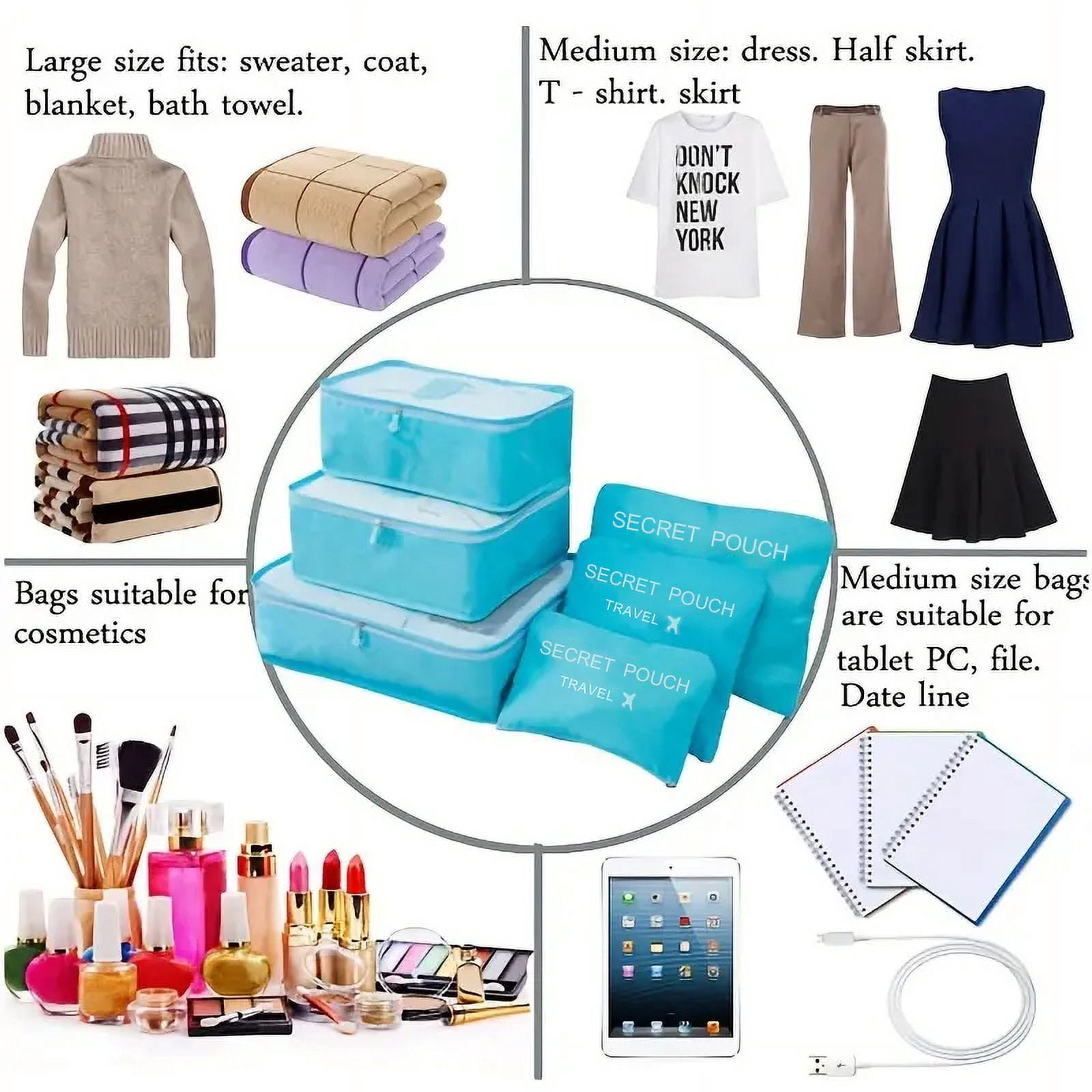 6 Pcs Travel Packing Cubes, Waterproof Luggage Organizer Bags with Zipper for Clothes and Underwear